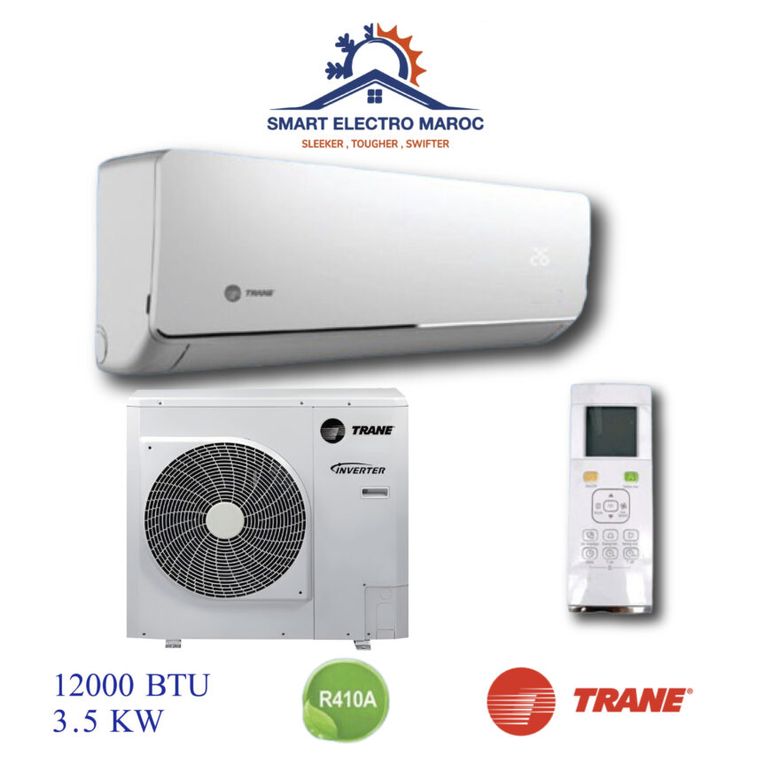 Climatiseur Trane 12000 BTU Inverter, performant et respectueux de l’environnement, avec technologie avancée pour un confort optimal.
