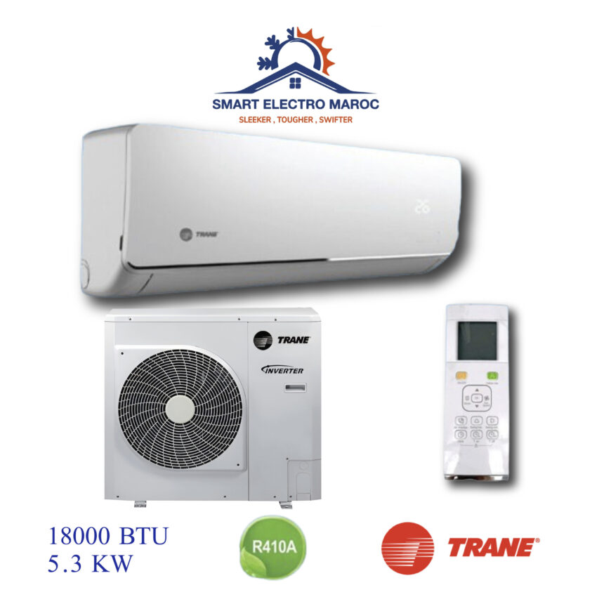 Climatiseur Trane 18000 BTU Inverter, performant et respectueux de l’environnement, avec technologie avancée pour un confort optimal.