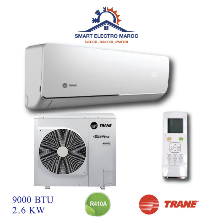 Climatiseur Trane 9000 BTU Inverter R410, silencieux et respectueux de l’environnement, avec technologie Inverter pour un refroidissement optimal.