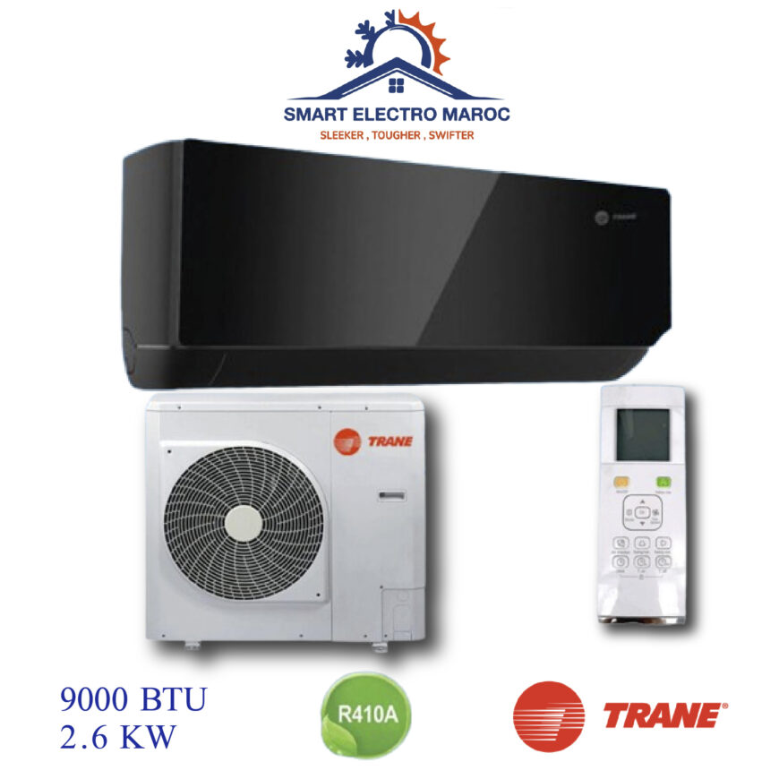 Climatiseur Trane Noir Miroir 9000 BTU, refroidissement efficace, silencieux, économique, livraison gratuite au Maroc.