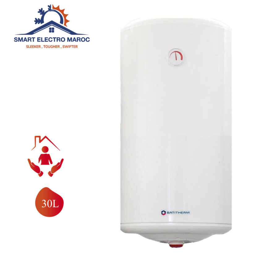 Chauffe-eau Électrique Batitherm 30 L, adapté pour foyers petits, avec installation en option et livraison gratuite au Maroc.