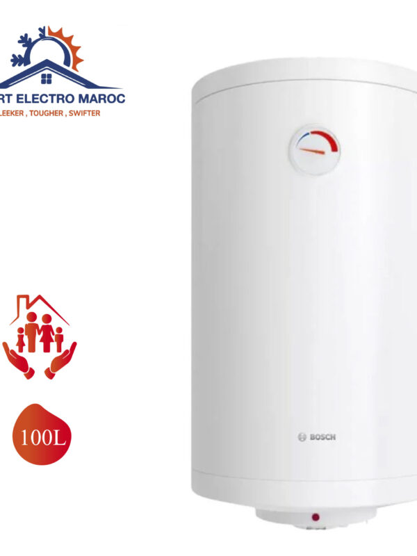 Chauffe-eau Électrique Bosch 100 L, parfait pour grandes familles, avec installation en option et livraison gratuite au Maroc.