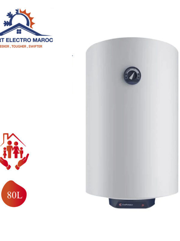 Chauffe-eau Électrique Chaffoteaux 80 L, idéal pour foyers de taille moyenne, avec installation en option et livraison gratuite au Maroc.