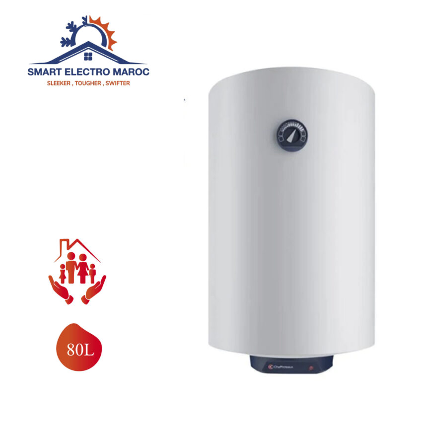 Chauffe-eau Électrique Chaffoteaux 80 L, idéal pour foyers de taille moyenne, avec installation en option et livraison gratuite au Maroc.