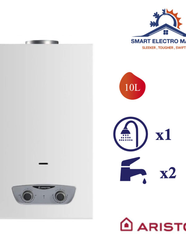 Chauffe-eau à gaz Ariston 10 L, idéal pour un usage domestique, avec une consommation optimisée et une sécurité renforcée.