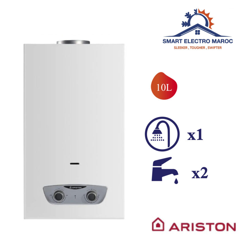 Chauffe-eau à gaz Ariston 10 L, idéal pour un usage domestique, avec une consommation optimisée et une sécurité renforcée.