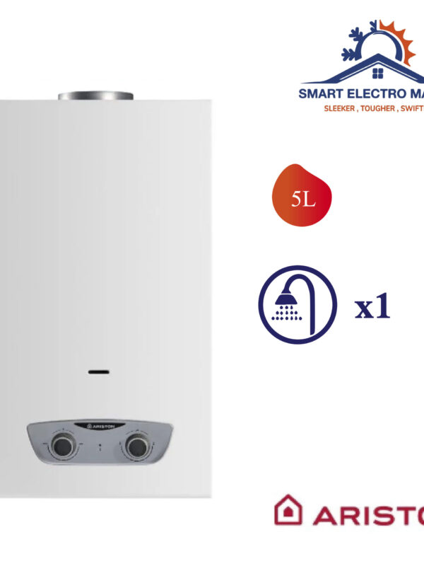 Chauffe-eau à gaz Ariston 5 L, compact et économique, idéal pour une utilisation quotidienne avec une sécurité renforcée.