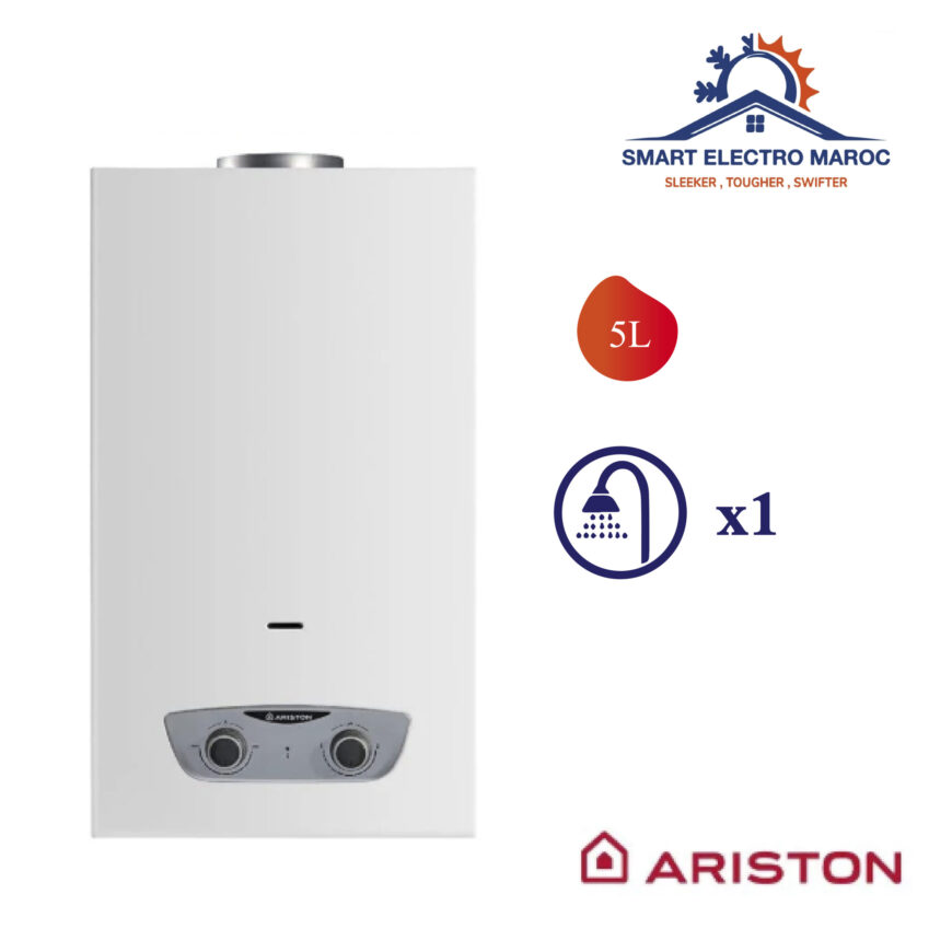 Chauffe-eau à gaz Ariston 5 L, compact et économique, idéal pour une utilisation quotidienne avec une sécurité renforcée.