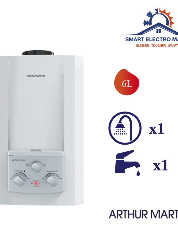 Chauffe-eau à gaz Arthur Martin 6 L, économique et compact, idéal pour une production instantanée d’eau chaude en toute sécurité.