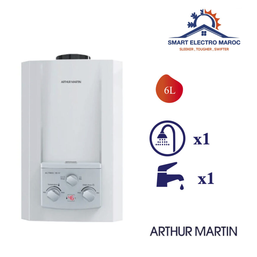 Chauffe-eau à gaz Arthur Martin 6 L, économique et compact, idéal pour une production instantanée d’eau chaude en toute sécurité.
