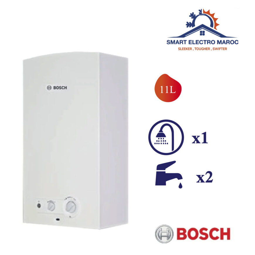 Chauffe-eau à gaz Bosch 11 L Hydropower, écologique et autonome, idéal pour une production d’eau chaude instantanée.