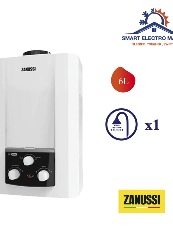 Chauffe-eau à gaz Zanussi 6L, compact et performant, idéal pour une consommation énergétique réduite.