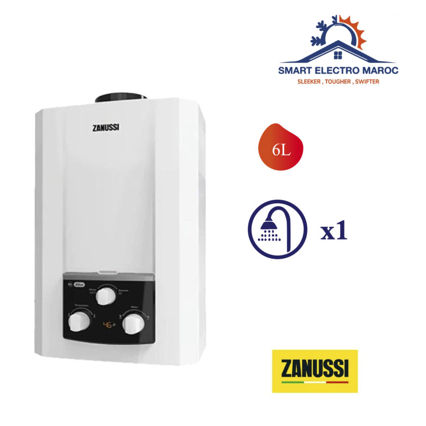 Chauffe-eau à gaz Zanussi 6L, compact et performant, idéal pour une consommation énergétique réduite.