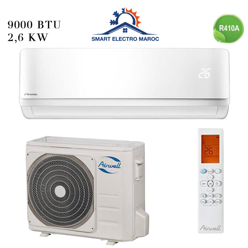 Climatiseur Airwell 9000 BTU R410, refroidissement efficace et respectueux de l’environnement.