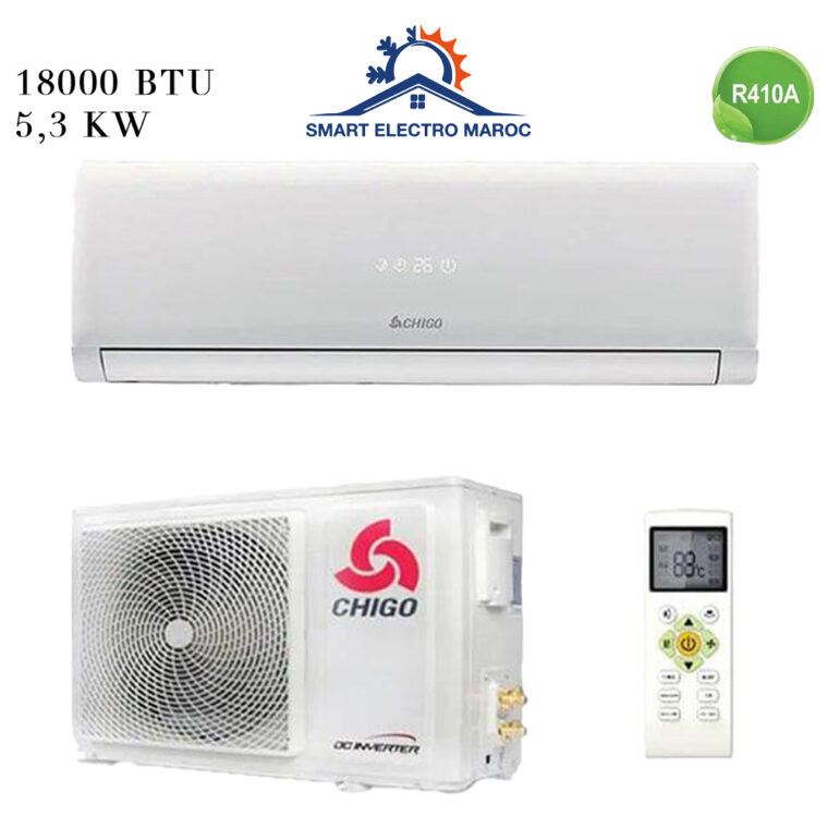 Climatiseur Split Mural CHIGO 18000 BTU Inverter, performant et économique, avec installation en option et livraison gratuite au Maroc.