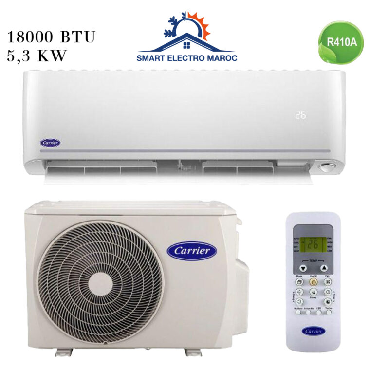 Climatiseur Carrier 18000 BTU Inverter, puissant et économique, avec installation en option et livraison gratuite au Maroc.