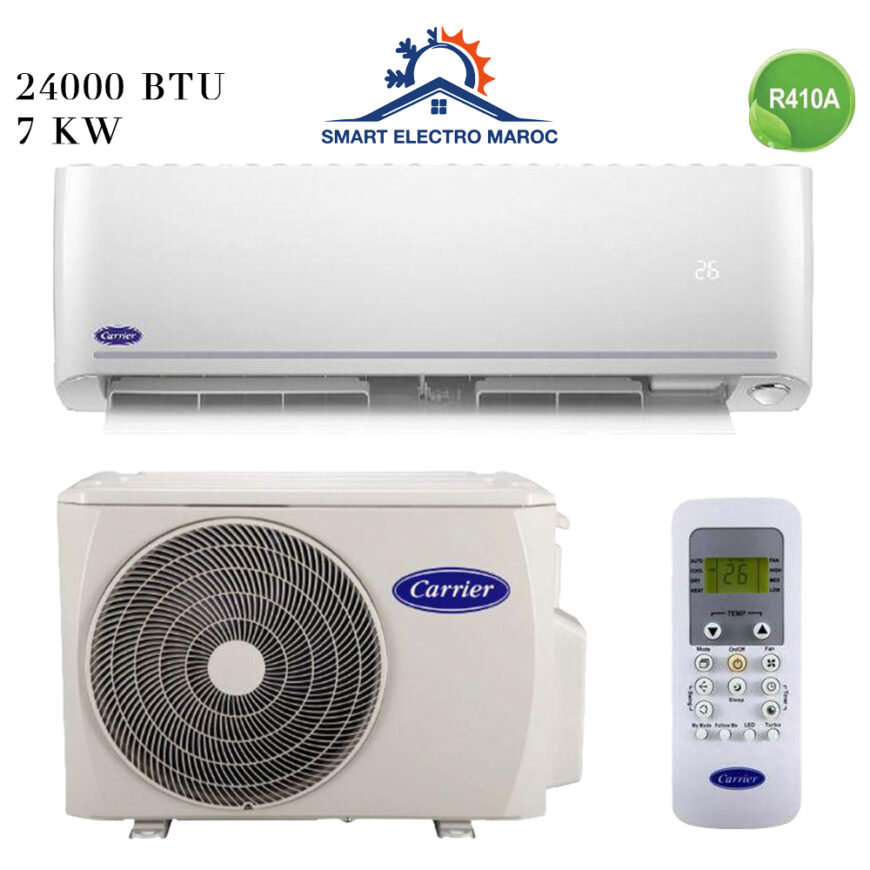 Climatiseur Carrier 24000 BTU Inverter, puissant et économe en énergie, avec installation en option et livraison gratuite au Maroc.