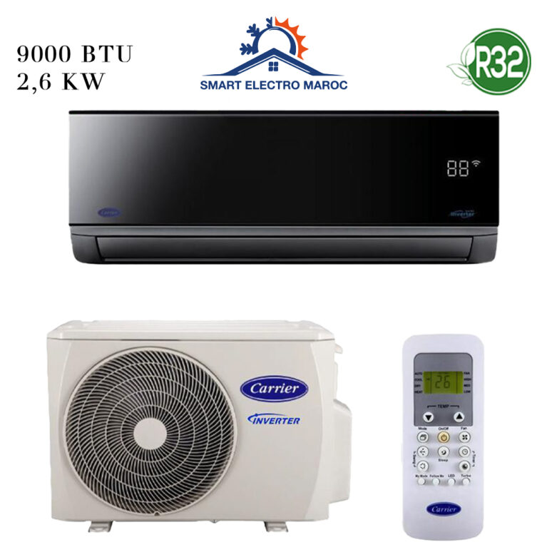 Climatiseur Carrier Inverter 9000 BTU Black Mirror, performant et respectueux de l’environnement.