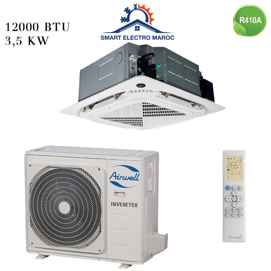 Climatiseur Cassette Airwell 12000 BTU Inverter 3.5 kW pour un refroidissement efficace et économique dans des espaces de taille moyenne.