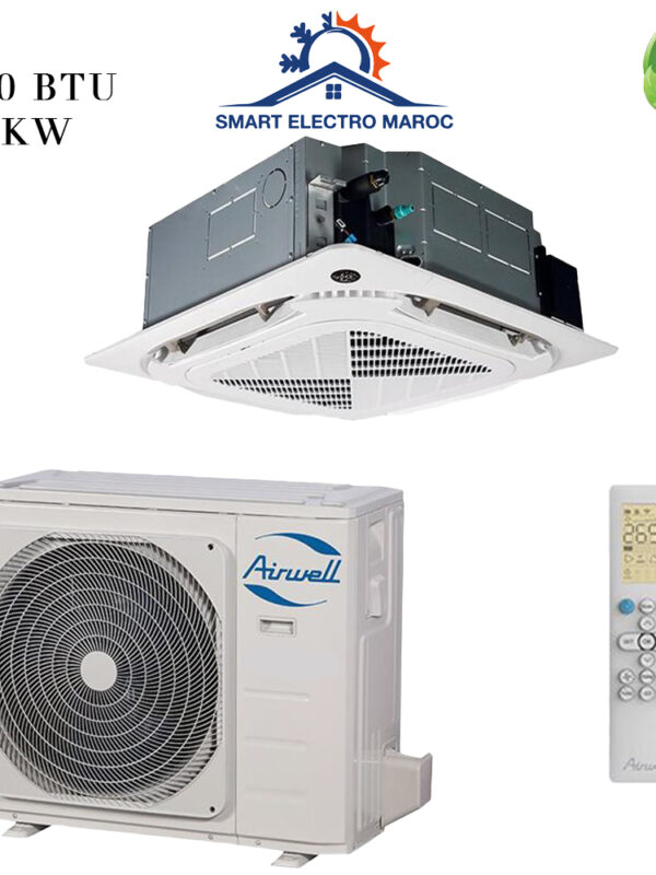 Climatiseur Cassette Airwell 36000 BTU R410, refroidissement performant et silencieux, idéal pour grandes surfaces au Maroc.