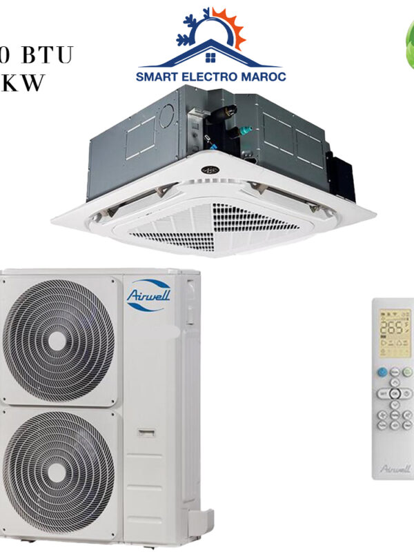 Climatiseur Cassette Airwell 48000 BTU R410, refroidissement efficace pour grandes surfaces, installation discrète et faible consommation d’énergie.