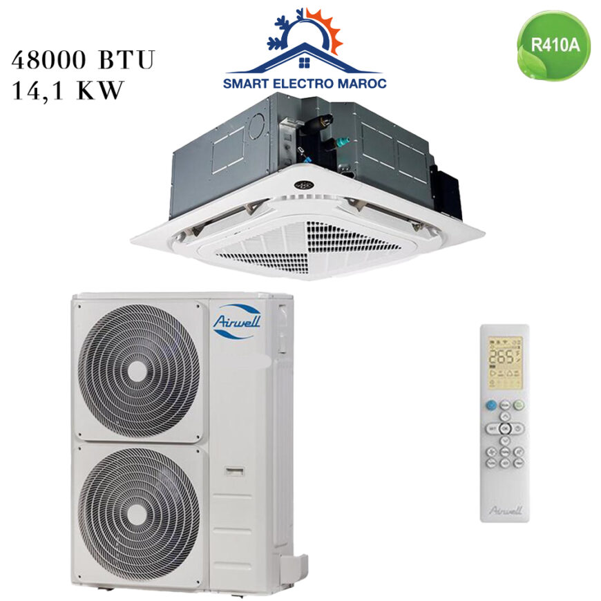Climatiseur Cassette Airwell 48000 BTU R410, refroidissement efficace pour grandes surfaces, installation discrète et faible consommation d’énergie.
