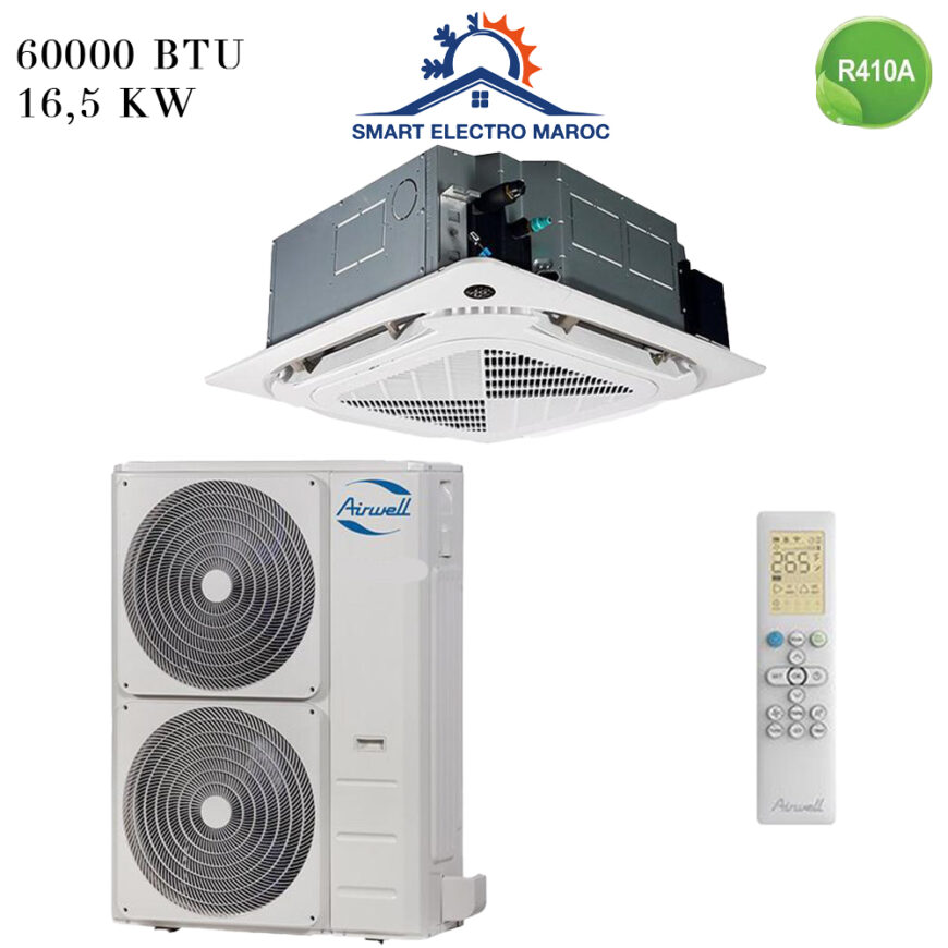 Climatiseur Cassette Airwell 60000 BTU R410, climatisation efficace pour grands espaces, faible consommation et installation discrète.