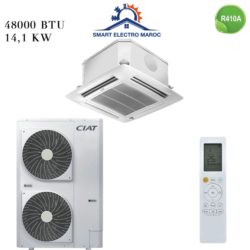 Climatiseur Cassette CIAT 48000 BTU R410, idéal pour les grandes surfaces, alliant performance et discrétion.