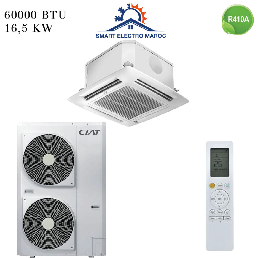 Climatiseur Cassette CIAT 60000 BTU R410, idéal pour très grandes surfaces, combinant performance et discrétion.