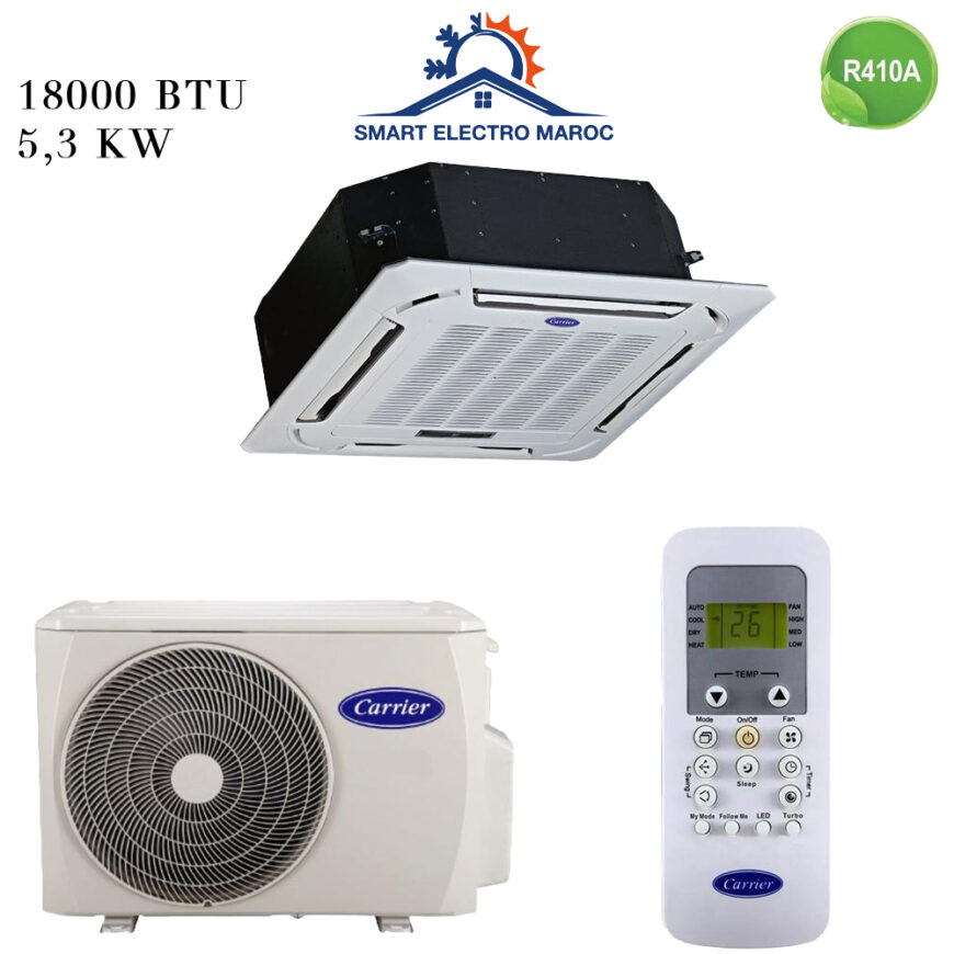Climatiseur Cassette Carrier 18000 BTU R410 5.3 kW, refroidissement homogène et performant.