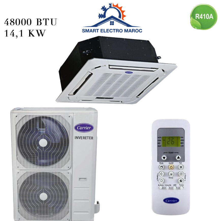 Climatiseur Cassette Carrier 48000 BTU Inverter 14.1 kW, efficacité et confort pour les grands espaces.