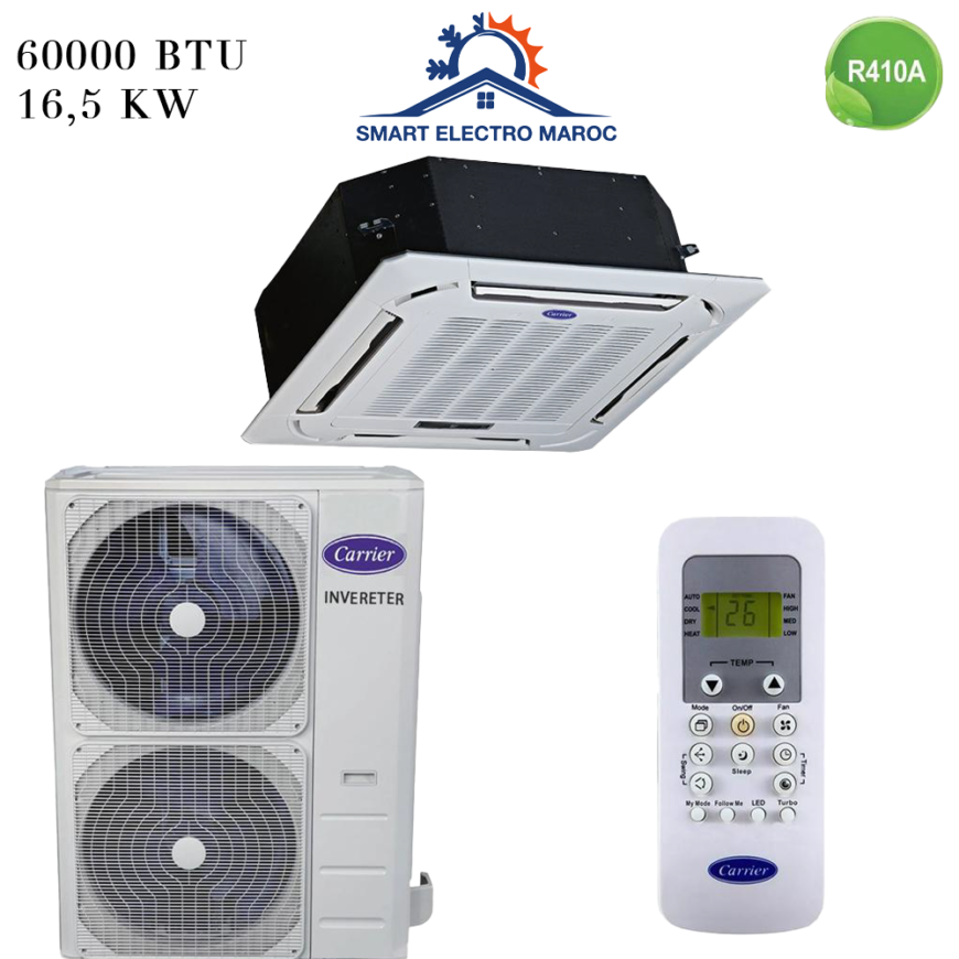 Climatiseur Cassette Carrier 60000 BTU Inverter 16.5 kW, puissance et efficacité pour les grands espaces.