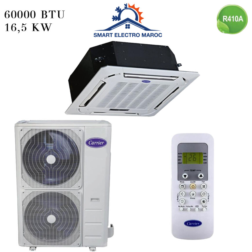 Climatiseur Cassette Carrier 60000 BTU R410 16.5 kW, conçu pour de grands espaces nécessitant un refroidissement performant.