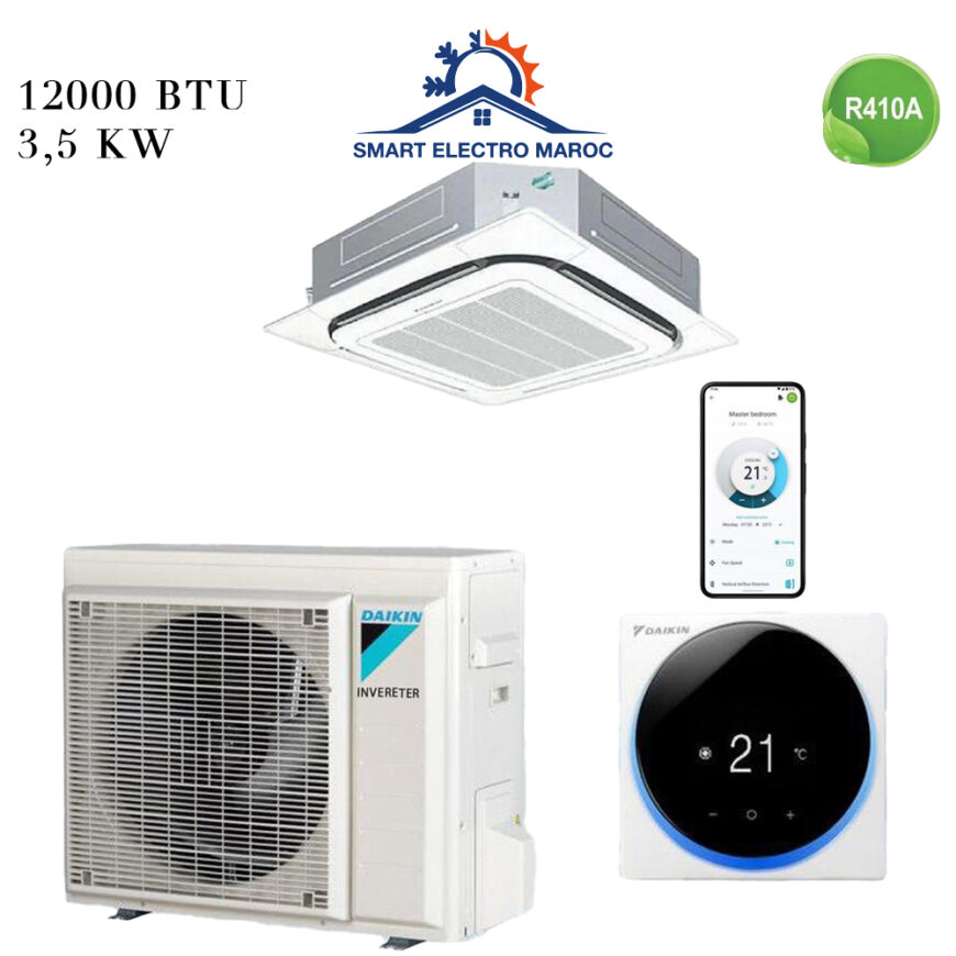 Climatiseur Cassette Daikin 12000 BTU Inverter R32 3.5 kW, idéal pour bureaux et espaces commerciaux avec réfrigérant écologique et diffusion homogène de l’air.