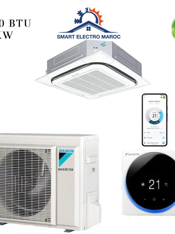 Climatiseur Cassette Daikin 18000 BTU Inverter R32 5.3 kW, technologie Inverter pour un refroidissement éco-énergétique et discret.