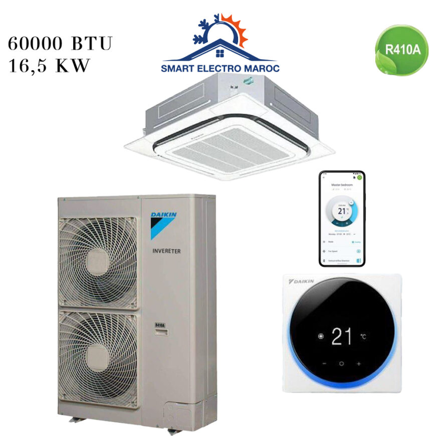 Climatiseur Cassette Daikin 60000 BTU Inverter R32 16.5 kW, refroidissement puissant et consommation optimisée.