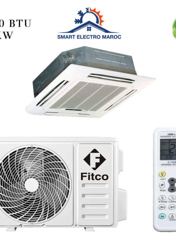 Climatiseur Cassette Fitco 12000 BTU R410, parfait pour les petits et moyens espaces commerciaux avec réfrigérant écologique et installation discrète en cassette.