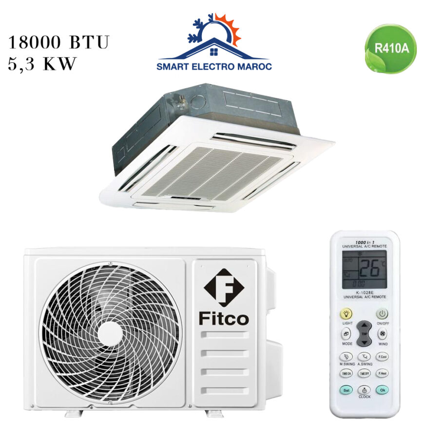 Climatiseur Cassette Fitco 18000 BTU R410, idéal pour les bureaux et espaces commerciaux, avec diffusion homogène de l’air et réfrigérant écologique.