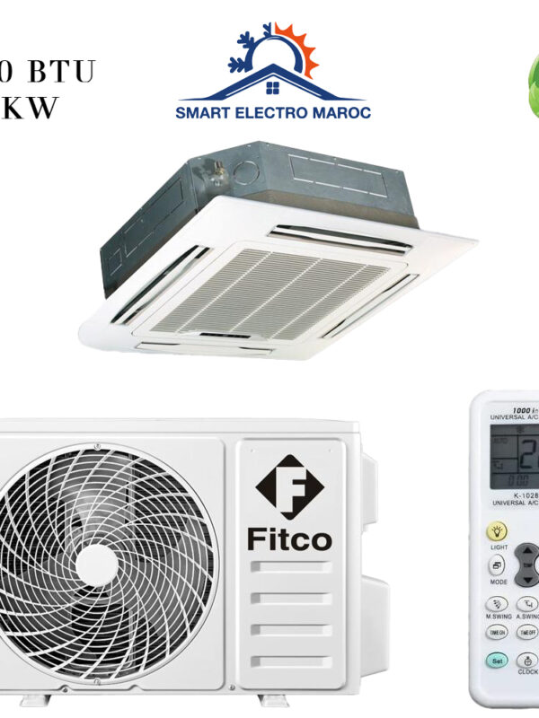 Climatiseur Cassette Fitco 36000 BTU R410, idéal pour les grands bureaux et espaces commerciaux avec réfrigérant écologique et diffusion uniforme de l’air.