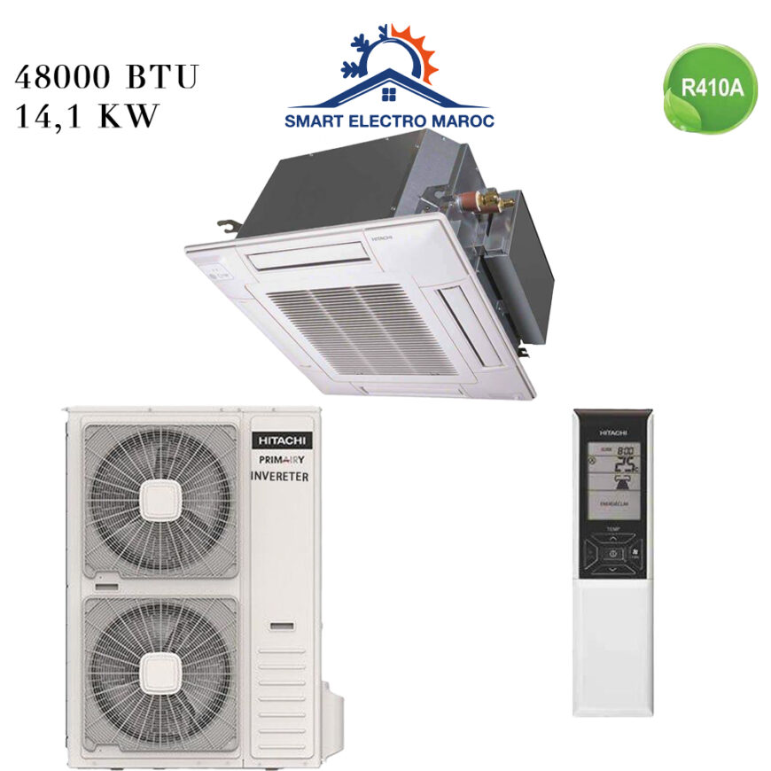 Climatiseur Cassette HITACHI 48000 BTU Inverter 14.1 kW, puissant et discret pour un confort optimal.