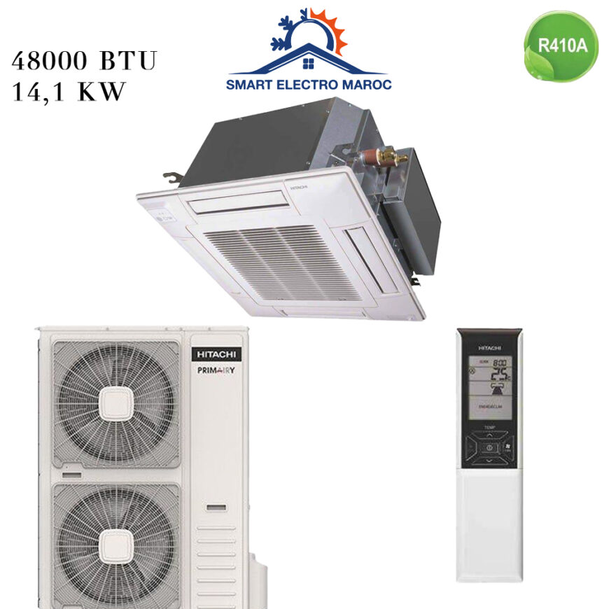 Climatiseur Cassette HITACHI 48000 BTU R410 14.1 kW, refroidissement performant et diffusion homogène.