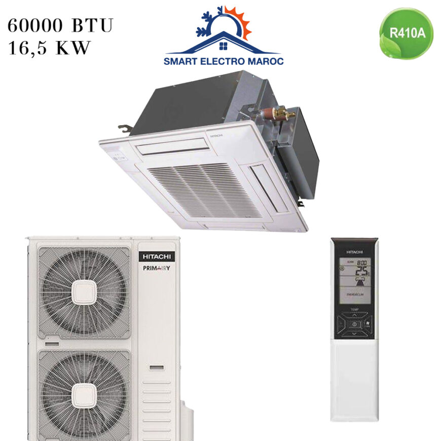 Climatiseur Cassette HITACHI 60000 BTU R410 16.5 kW, climatisation performante pour grande surface.