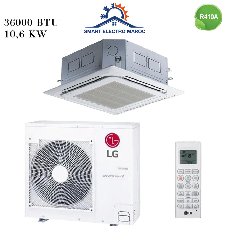 Climatiseur Cassette LG 36000 BTU Inverter ATNW36GMLS1, conçu pour grande surface, avec un refroidissement homogène et une faible consommation d’énergie.