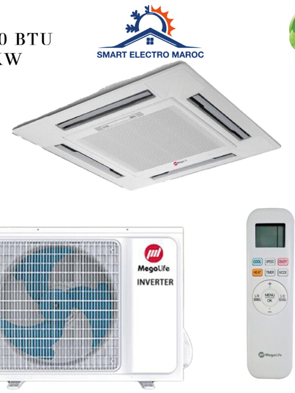 Climatiseur Cassette Mégalife 12000 BTU Inverter 3.5 kW, confort et efficacité pour petite surface.