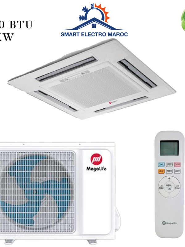 Climatiseur Cassette Mégalife 12000 BTU R410 3.5 kW, solution idéale pour petites et moyennes surfaces.