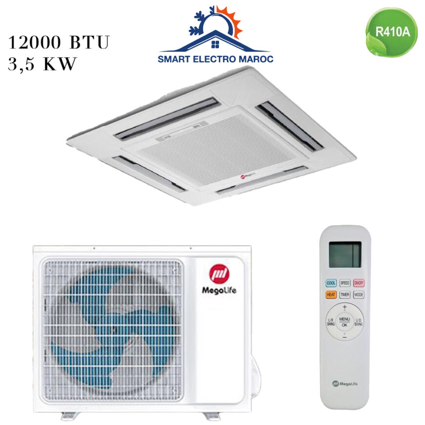 Climatiseur Cassette Mégalife 12000 BTU R410 3.5 kW, solution idéale pour petites et moyennes surfaces.