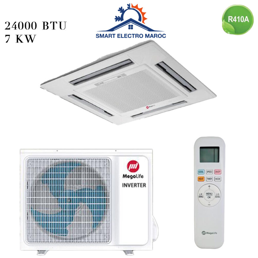 Climatiseur Cassette Mégalife 24000 BTU Inverter 7 kW, confort et efficacité pour moyenne et grande surface.