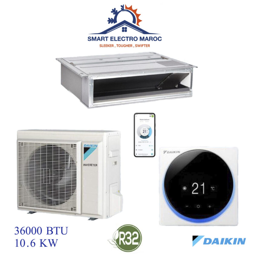 Climatiseur Gainable Daikin 36000 BTU Inverter 10.6 kW, puissant et économique, idéal pour moyenne et grande surface.