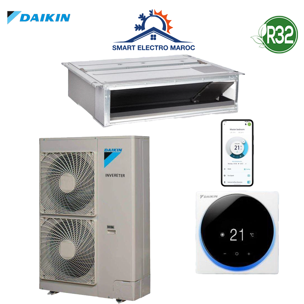 Le climatiseur gainable Daikin SkyAir au Maroc offre une solution de climatisation discrète et performante, idéale pour les maisons, appartements, bureaux et commerces. Grâce à sa technologie Inverter, il garantit une efficacité énergétique optimale, réduisant la consommation d'énergie et offrant un confort thermique constant. Avec l'utilisation du gaz réfrigérant R32, ce modèle est plus respectueux de l'environnement. Facile à installer dans des plafonds suspendus ou faux-plafonds, il offre une performance homogène et une grande discrétion. Disponible avec une garantie jusqu'à 10 ans, il est la solution parfaite pour un climat agréable toute l'année.