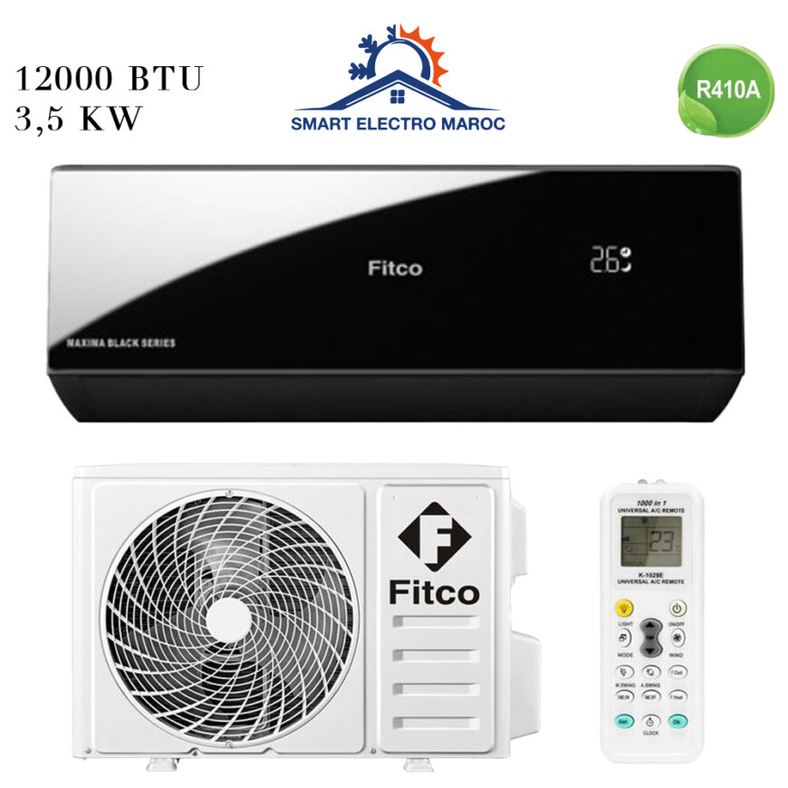 Climatiseur FITCO 12000 BTU Maxima Black Mirror, design élégant et refroidissement performant avec gaz R410.
